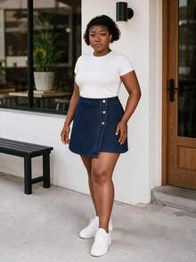 CurvyTilda Plus Size Women Asymmetrical Hem Blue Denim Skirt Shorts Casual - Dark Wash - View 4