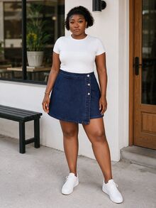 CurvyTilda Plus Size Women Asymmetrical Hem Blue Denim Skirt Shorts Casual - Dark Wash - View 5