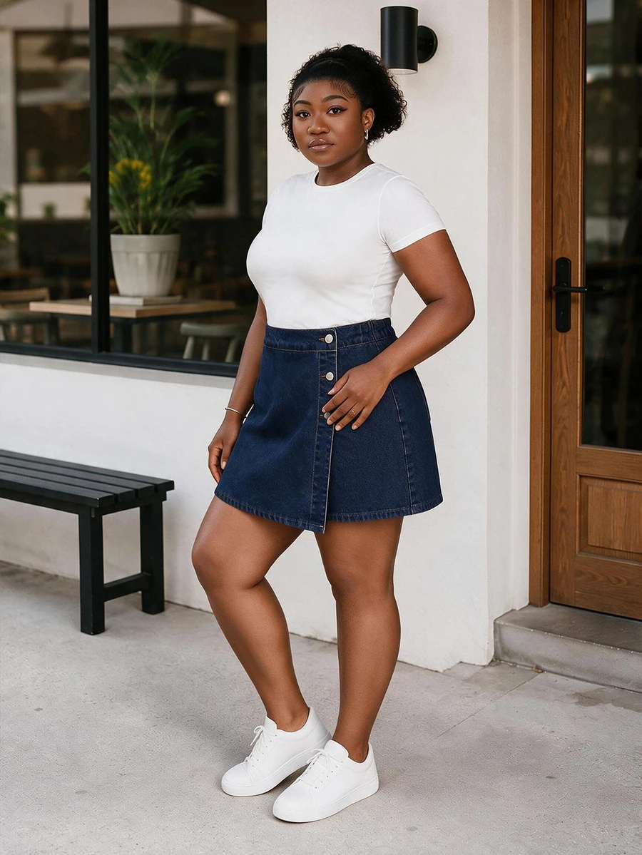 CurvyTilda Plus Size Women Asymmetrical Hem Blue Denim Skirt Shorts Casual