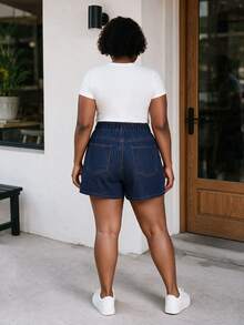 CurvyTilda Plus Size Women Asymmetrical Hem Blue Denim Skirt Shorts Casual - Dark Wash - View 3