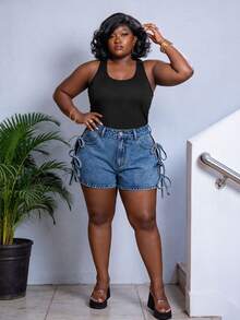 CurvyTilda Plus Size Summer Casual Side Slit Tie-Up Denim Shorts - Blue - View 4