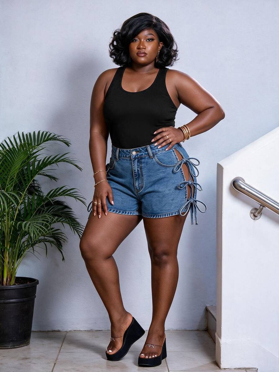 CurvyTilda Plus Size Summer Casual Side Slit Tie-Up Denim Shorts - Blue - View 1