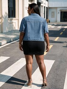 CurvyTilda Plus Size Women's Distressed Short Puff Sleeve Single-Breasted Casual Denim Jacket Summer - Light Wash - View 2