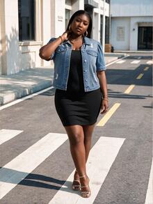 CurvyTilda Plus Size Women's Distressed Short Puff Sleeve Single-Breasted Casual Denim Jacket Summer - Light Wash - View 3
