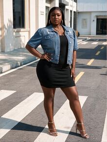 CurvyTilda Plus Size Women's Distressed Short Puff Sleeve Single-Breasted Casual Denim Jacket Summer - Light Wash - View 4
