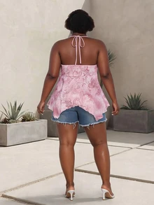 CurvyTilda Plus Size Women Spring And Summer Vacation Casual Retro Printed Backless Spaghetti Strap Y2k V Neck Western Boho Beach Hippie Babydoll Top Pink - Pink - View 2