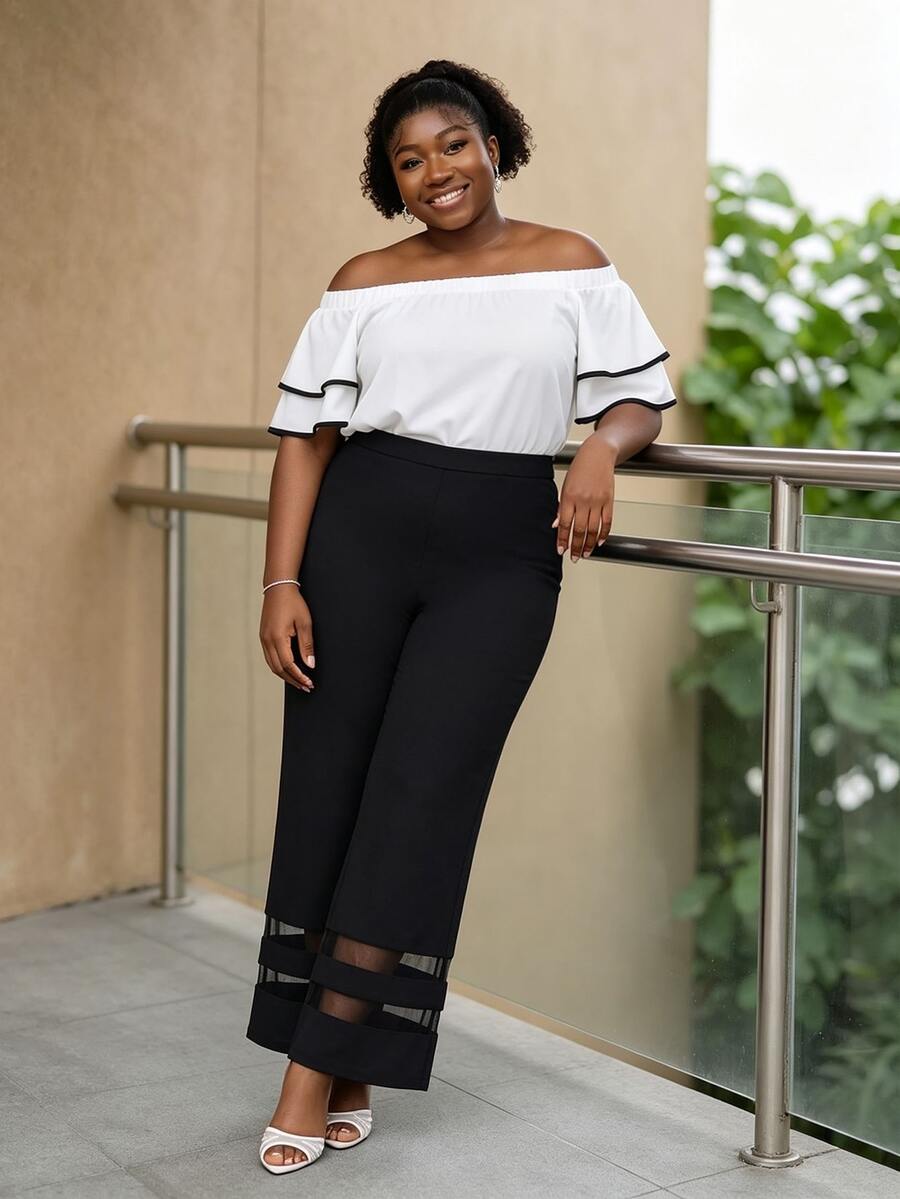 CurvyTilda Plus Mesh Insert Flare Leg Pants Black