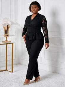 CurvyTilda Plus Size Women V-Neck Lace Long Sleeve Top And Pants Casual Daily 2 Pieces Set Ladies Two Outfits Formal Woman Suits Sets Elegant Outfit For Black - Black - View 3