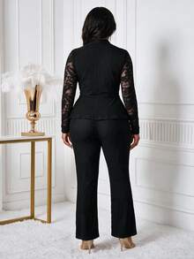 CurvyTilda Plus Size Women V-Neck Lace Long Sleeve Top And Pants Casual Daily 2 Pieces Set Ladies Two Outfits Formal Woman Suits Sets Elegant Outfit For Black - Black - View 2
