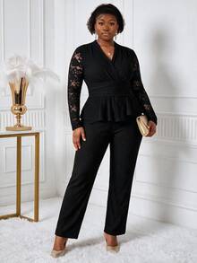 CurvyTilda Plus Size Women V-Neck Lace Long Sleeve Top And Pants Casual Daily 2 Pieces Set Ladies Two Outfits Formal Woman Suits Sets Elegant Outfit For Black - Black - View 1