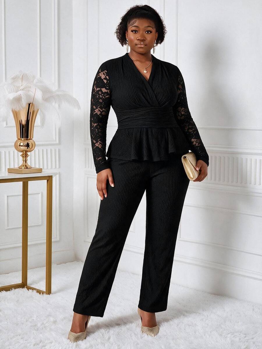 CurvyTilda Plus Size Women V-Neck Lace Long Sleeve Top And Pants Casual Daily 2 Pieces Set Ladies Two Outfits Formal Woman Suits Sets Elegant Outfit For Black - Black - View 1