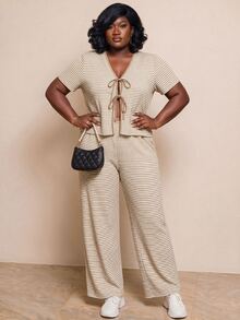 CurvyTilda Plus Size Striped Tie-Up Top And Pants Two Pieces Casual Vacation Set Women Piece Outfit Matching Sets Summer Pant Suit Spring For Dress Elegant - Apricot - View 5
