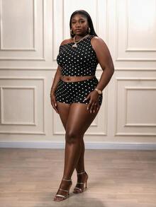 CurvyTilda Plus Size Women Polka Dot Print Asymmetrical Shoulder Top And Shorts Casual 2 Pieces Set Elegant - Multicolor - View 3