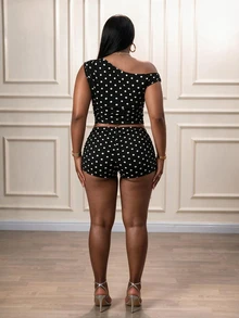 CurvyTilda Plus Size Women Polka Dot Print Asymmetrical Shoulder Top And Shorts Casual 2 Pieces Set Elegant - Multicolor - View 2
