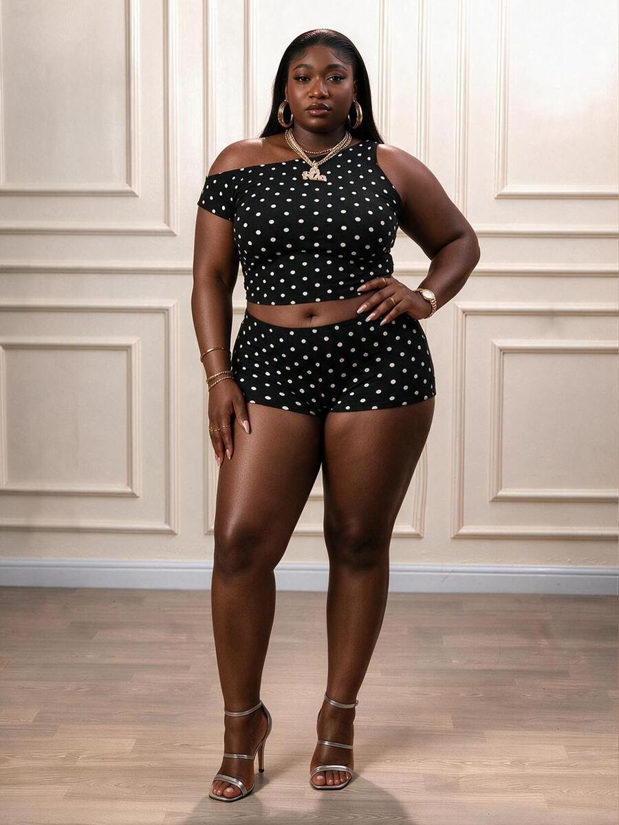 CurvyTilda Plus Size Women Polka Dot Print Asymmetrical Shoulder Top And Shorts Casual 2 Pieces Set Elegant - Multicolor - View 1