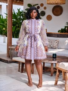 CurvyTilda Lavender Autumn Elegant Tea Party Cocktail Evening Wedding Guest Plus Size Mini Shirt Dress French Palace Style Floral Print Sheer Mesh Lantern Sleeve - Mauve Purple - View 4