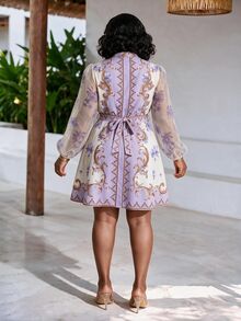 CurvyTilda Lavender Autumn Elegant Tea Party Cocktail Evening Wedding Guest Plus Size Mini Shirt Dress French Palace Style Floral Print Sheer Mesh Lantern Sleeve - Mauve Purple - View 2