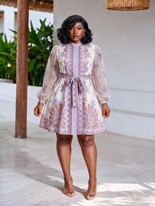 CurvyTilda Lavender Autumn Elegant Tea Party Cocktail Evening Wedding Guest Plus Size Mini Shirt Dress French Palace Style Floral Print Sheer Mesh Lantern Sleeve - Mauve Purple - View 1
