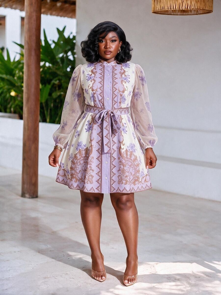 CurvyTilda Lavender Autumn Elegant Tea Party Cocktail Evening Wedding Guest Plus Size Mini Shirt Dress French Palace Style Floral Print Sheer Mesh Lantern Sleeve - Mauve Purple - View 1