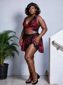 CurvyTilda Plus Size Women's Black And Red Floral Print Swimsuit Set, Retro Fashion Elegant - Multicolor - View 3