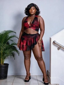 CurvyTilda Plus Size Women's Black And Red Floral Print Swimsuit Set, Retro Fashion Elegant - Multicolor - View 1