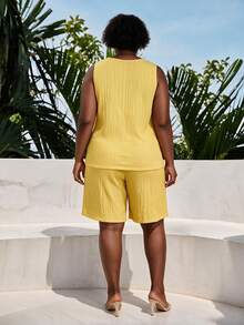 CurvyTilda Plus Size Women's Summer 2 Pieces Sets Top,Yellow Boho Beach Holiday Outfits,Curve Spring Outfit Elegant - Yellow - View 2