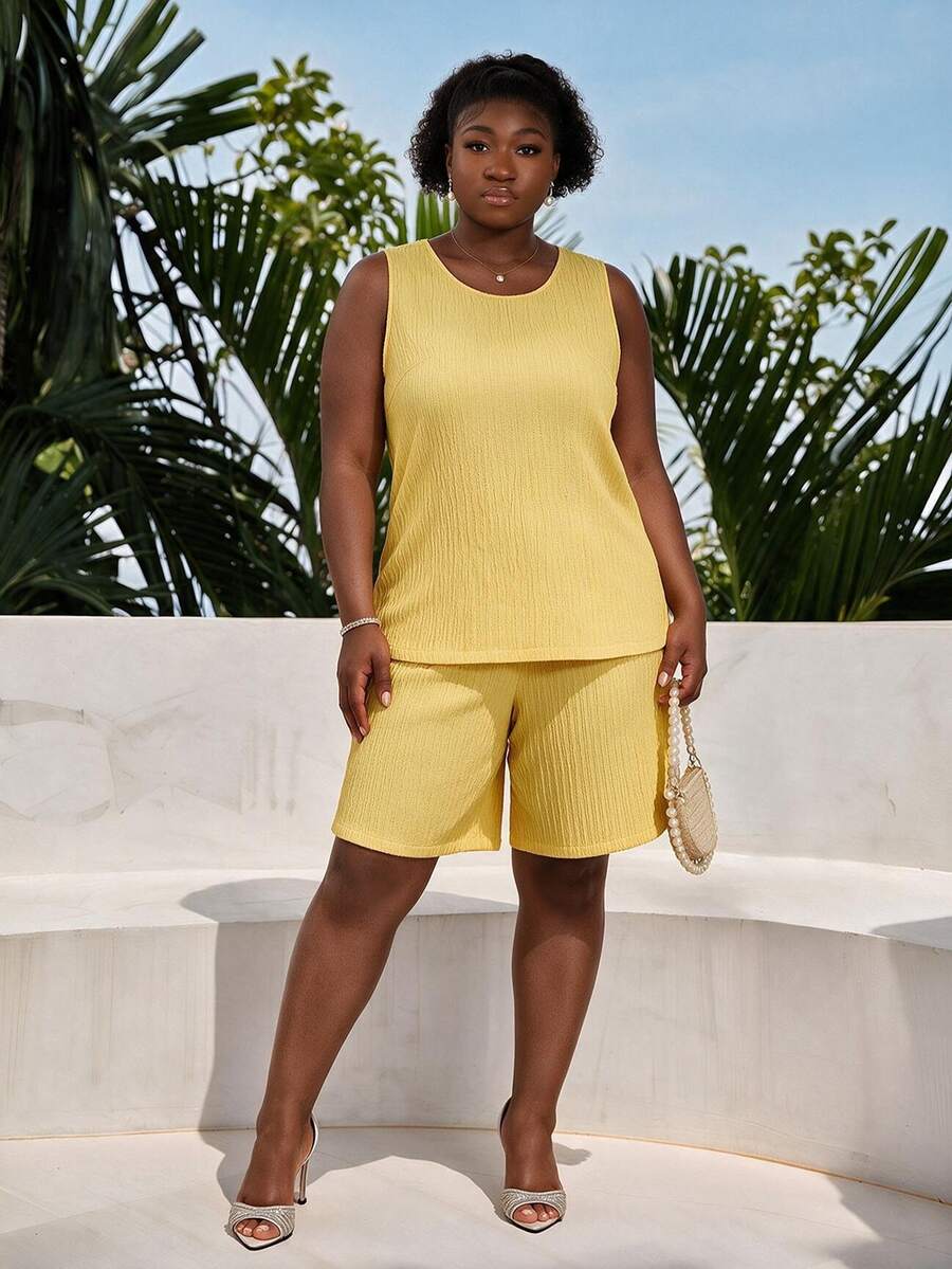 CurvyTilda Plus Size Women's Summer 2 Pieces Sets Top,Yellow Boho Beach Holiday Outfits,Curve Spring Outfit Elegant - Yellow - View 1