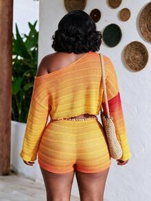 CurvyTilda Plus Size Women Asymmetrical Shoulder Long Sleeve Top And Shorts Casual 2 Pieces Set Fall Elegant - Multicolor - View 2