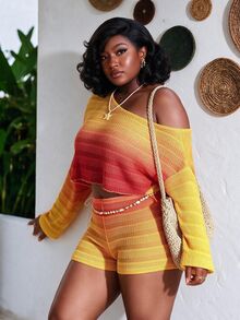 CurvyTilda Plus Size Women Asymmetrical Shoulder Long Sleeve Top And Shorts Casual 2 Pieces Set Fall Elegant - Multicolor - View 3