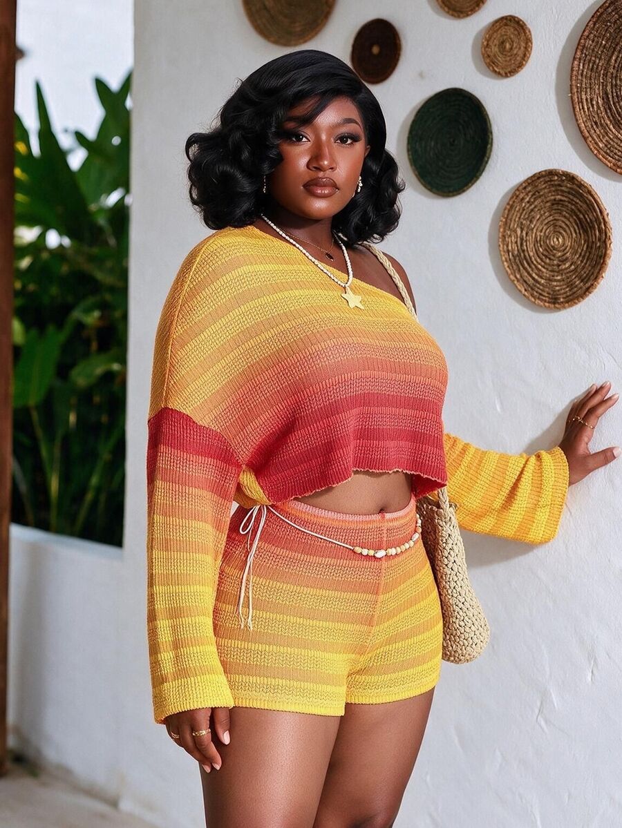CurvyTilda Plus Size Women Asymmetrical Shoulder Long Sleeve Top And Shorts Casual 2 Pieces Set Fall Elegant - Multicolor - View 1