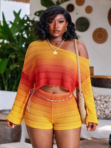 CurvyTilda Plus Size Women Asymmetrical Shoulder Long Sleeve Top And Shorts Casual 2 Pieces Set Fall Elegant - Multicolor - View 4