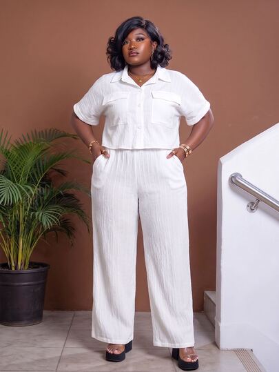 CurvyTilda Setelan Wanita Putih Musim Panas Bahan Sutra Lembut Kasual Elegan untuk Liburan, 2 Potong Linen, Ukuran Plus Elegan untuk Perjalanan, Kemeja Lengan Raglan Pendek & Celana Lebar