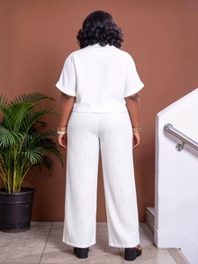 CurvyTilda Women's White Summer Silky Smart Casual Vacation Holiday Linen 2 Pieces Set,Plus Size Elegant Commute Raglan Sleeve Cropped Shirt&Wide Leg Pants Set - White - View 3