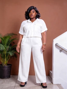 CurvyTilda Women's White Summer Silky Smart Casual Vacation Holiday Linen 2 Pieces Set,Plus Size Elegant Commute Raglan Sleeve Cropped Shirt&Wide Leg Pants Set - White - View 5