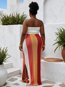 CurvyTilda European & American Style Sexy Midriff-Baring Knit Sweater And Ribbed Colorblock Maxi Bodycon Skirt Summer - Multicolor - View 3