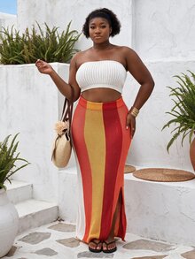 CurvyTilda European & American Style Sexy Midriff-Baring Knit Sweater And Ribbed Colorblock Maxi Bodycon Skirt Summer - Multicolor - View 5