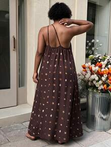 CurvyTilda Women's Boho Summer Beach Holiday Brown Seashell Starfish Print Asymmetrical One-Shoulder Dress,Black And Gold Elegant - Brown - View 2