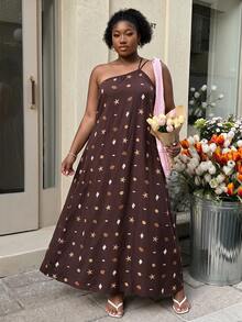 CurvyTilda Women's Boho Summer Beach Holiday Brown Seashell Starfish Print Asymmetrical One-Shoulder Dress,Black And Gold Elegant - Brown - View 4