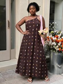 CurvyTilda Women's Boho Summer Beach Holiday Brown Seashell Starfish Print Asymmetrical One-Shoulder Dress,Black And Gold Elegant - Brown - View 1