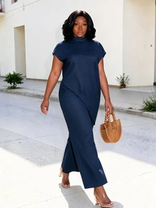 CurvyTilda Plus Size Navy Blue 2 Pieces Set For Women,Elegant Summer Vacation Holiday Stand Collar Asymmetrical Hem Textured Top And Wide Leg Pants Women's Set - Navy Blue - View 1