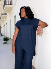 CurvyTilda Plus Size Navy Blue 2 Pieces Set For Women,Elegant Summer Vacation Holiday Stand Collar Asymmetrical Hem Textured Top And Wide Leg Pants Women's Set - Navy Blue - View 3