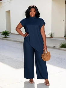 CurvyTilda Plus Size Navy Blue 2 Pieces Set For Women,Elegant Summer Vacation Holiday Stand Collar Asymmetrical Hem Textured Top And Wide Leg Pants Women's Set - Navy Blue - View 4