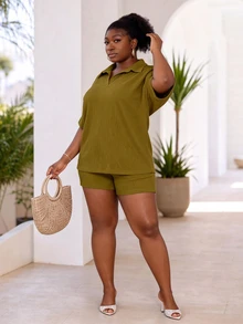 CurvyTilda Plus Size 2-Piece Set:Loose Collared T-Shirt With Rolled Cuffs & Bodycon Shorts,Knit Stretch Fabric,Summer,Smart Casual,Olive Green Outfits Elegant - Green - View 4