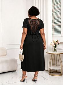 CurvyTilda Plus Size Women's Elegant Round Neck Black Lace Patchwork Ruffle Waist Dress,Curve Date Party Graduation Summer - Black - View 2