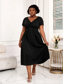 CurvyTilda Plus Size Women's Elegant Round Neck Black Lace Patchwork Ruffle Waist Dress,Curve Date Party Graduation Summer - Black - View 1