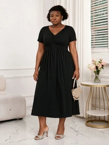 CurvyTilda Plus Size Women's Elegant Round Neck Black Lace Patchwork Ruffle Waist Dress,Curve Date Party Graduation Summer - Black - View 4
