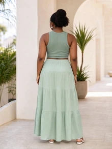 CurvyTilda Mint Green Round Neck Tank Top And Midi Skirt Casual 2 Pieces Set, Plus Size Elegant - Mint Green - View 2
