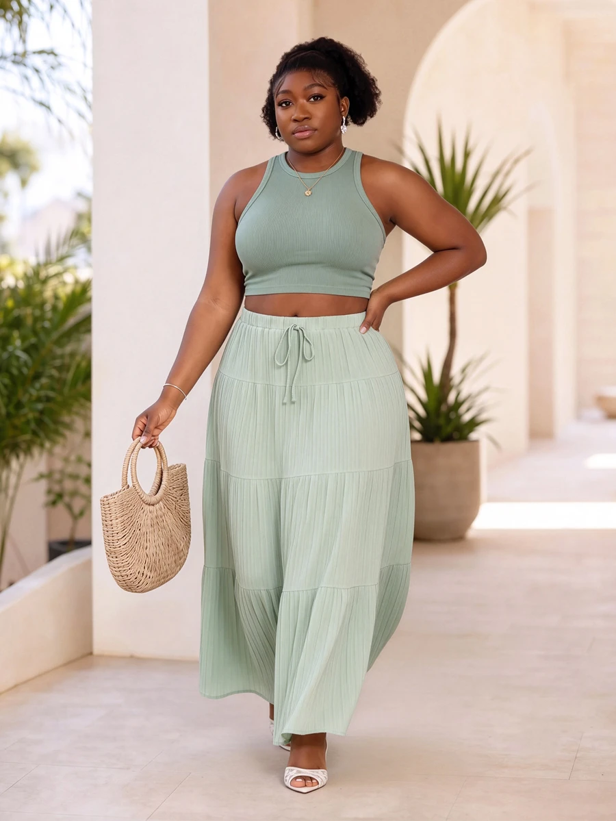 CurvyTilda Mint Green Round Neck Tank Top And Midi Skirt Casual 2 Pieces Set, Plus Size Elegant - Mint Green - View 1
