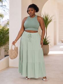CurvyTilda Mint Green Round Neck Tank Top And Midi Skirt Casual 2 Pieces Set, Plus Size Elegant - Mint Green - View 4