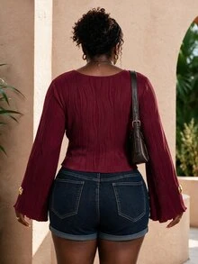 CurvyTilda Plus Size Women's Casual Vacation Style Solid Color Deep V-Neck Bell Sleeve Tie Front Cropped Pleated Top, Spring/Autumn Fall - Burgundy - View 2